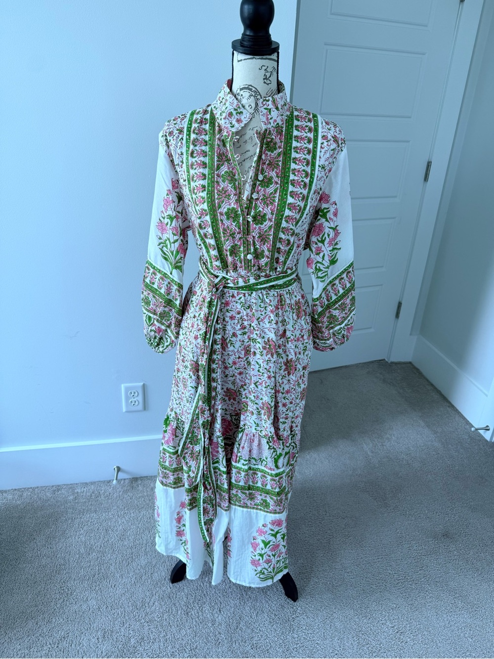 Like New XL Sue Sartor Floral Belted Flounce Midi Dress in Pink & Green - Picture 10 of 13